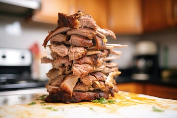 stacked spiced shawarma meat before grilling, close-up in kitchen