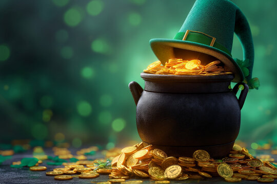Gold-filled Cauldron on White Background with Coins and Rainbow, St Patrick's Day Magic Illustration. Generative Ai Illustration.