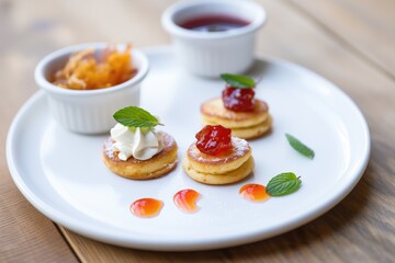 mini pancakes with a dollop of cream and jam