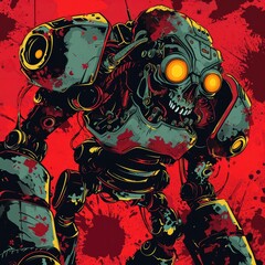 t-shirt design, zombie x mecha, vivid color, vector