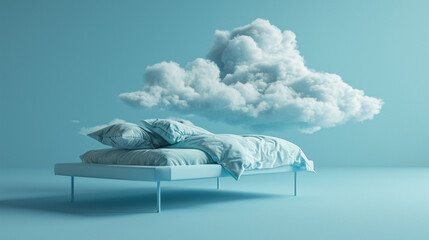 Fototapeta na wymiar A bed that floats in the clouds, the color blue