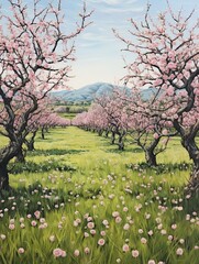 Blossoming Peach Orchards Meadow: Majestic Orchard Trees in Graceful Grasslands