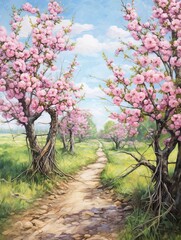 Nature's Splendor: Blossoming Peach Orchards Pathway Painting - Walk through Orchard on a Serene Nature Trail