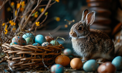 Fototapeta na wymiar Adorable Fluffy Bunny in a Woven Basket Surrounded by Easter Eggs and Natural Elements on a Dark Background