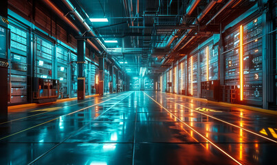 Advanced virtual warehouse interface with holographic storage layout and futuristic cyber infrastructure