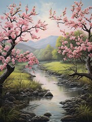 Fototapeta premium Blossoming Peach Orchards Riverside Painting, Orchard by River, Scenic Prints
