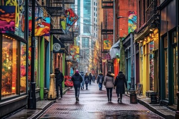 Vibrant walk street in a lively business district, capturing the essence of city life, Generative AI