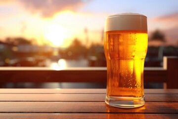Closeup of cold beer in a dark pub with sunset light