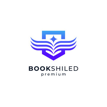 shield and book with wings for digital library and school logos, ebooks, education and knowledge