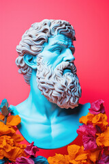Aesthetic greek bust on solid bright color background