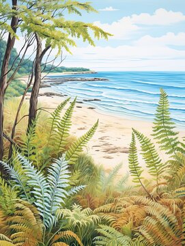 Botanical Fern Illustrations: Coastal Scene Painting and Beach Art Print