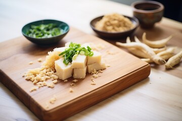 fresh ginger and garlic minced with tofu on wooden board