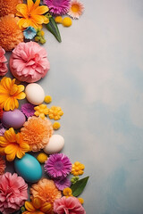 Happy Easter day decoration with colorful eggs, flowers and copy space on soft blue and gray background. Spring card with painted eggs on light paper surface. Generative AI.