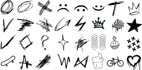 Urban art, graffiti vector icons set. Street art, spray paint tags, arrows, crown, stars © Arafat