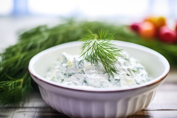 close-up of tzatziki in a white bowl with dill garnish