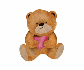 Cute little bear with heart. Vector watercolor іlustration, clip art element, ready to print. Isolated on transparent background, Perfect for invitation, card, banner, decoration, patterns, stickers