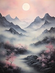 Celestial Moon Phases: Morning Mist Painting in a Stunning Valley Landscape