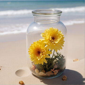 A Captivating Chrysanthemum Jar Amidst Beach Serenity AI GENERATED