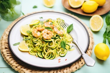 zoodles and shrimps on a plate with lemon slices