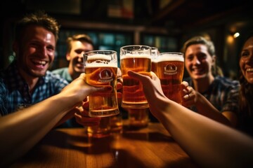 Friends enjoying beer at pub, emphasizing middle pint glass - obrazy, fototapety, plakaty