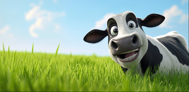une vache style cartoon, souriante, dans une prairie bien verte