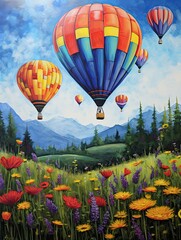 Fototapeta premium Colorful Hot Air Balloons Rising Above a Meadow in a Burst of Colors