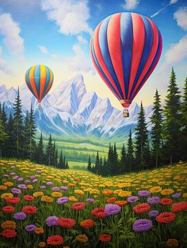 Colorful Hot Air Balloons: Meadow Painting with Ground Takeoff Scene