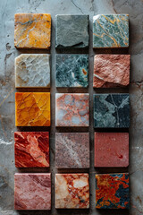 An elegant arrangement of marble slabs showcasing a spectrum of natural hues,