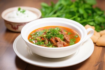bowl of goulash soup with sour cream swirl and parsley