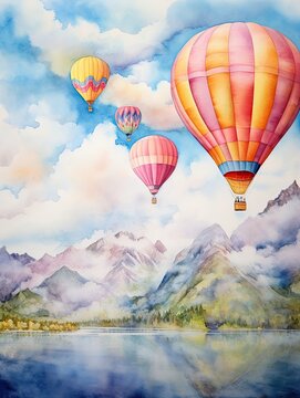 Colorful Hot Air Balloons: A Spectacular Watercolor Landscape Filled with Airborne Art