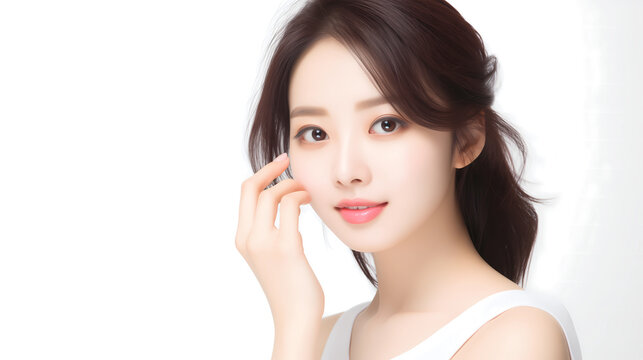 Closeup image of attractive Korean woman with healthy and flawless skin, smiling and staring the camera. Copy space and banner for beauty skincare, cosmetics product advertising. 