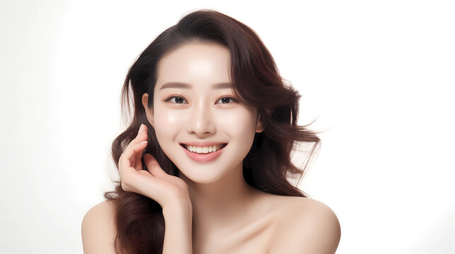 Closeup image of beautiful Korean woman with healthy and flawless skin, hand on her face, smiling to camera. Hydration beauty skincare, cosmetics advertising. Studio photography on white background