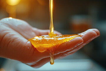 The luxurious feel of honey dripping down a forearm, captured in warm, natural lighting,
