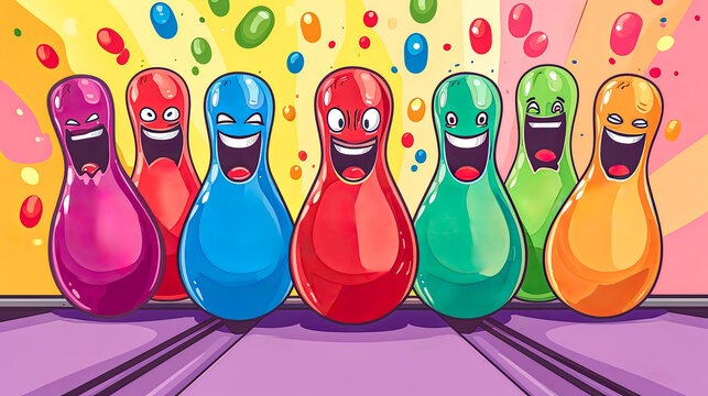 Cheerful cartoon bowling pins in bright colors.