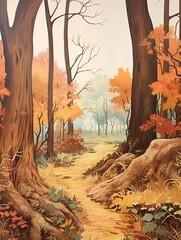 Vintage Painting: Cozy Autumn Leaf Paths Panoramic Landscape with Wide View