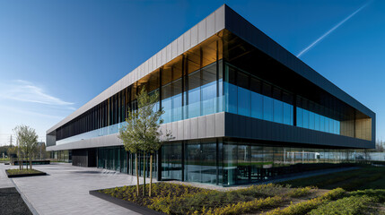 Modern office building exterior made of glass, steel and cement