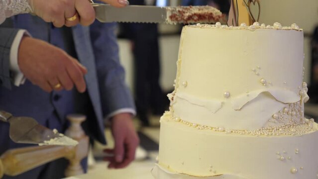 The bride and groom cut the festive wedding cake. Wedding traditions