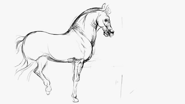 Horse. Based on drawing of Leonardo da Vinci. Black and white hand draw time lapse linear sketch art