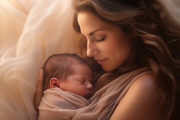 Fototapeta na wymiar Mother cuddles sleeping baby tenderly