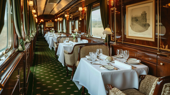 Interior of dining car in luxury train