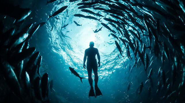 un homme qui fait de la plong&eacute;e sous-marine entour&eacute; d'un banc de poissons en train de tourner autour de lui - vu du dessous