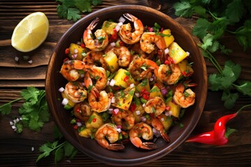  a bowl of shrimp, pineapple, and pineapple salsa with a slice of lemon on a wooden table.