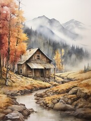 Cozy Cabin Watercolor Landscape: Artistic Retreat, Painted Refuge