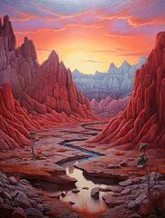 Tuinposter Crimson Badlands: Vibrant Depictions of Desert Terrains in Acrylic Landscape Art © Michael