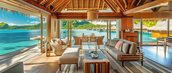 Interior of an overwater bungalow with stunning view on tropical island in paradise - obrazy, fototapety, plakaty