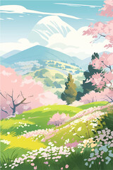 Fototapeta na wymiar Spring landscape with cherry blossoms and mountains