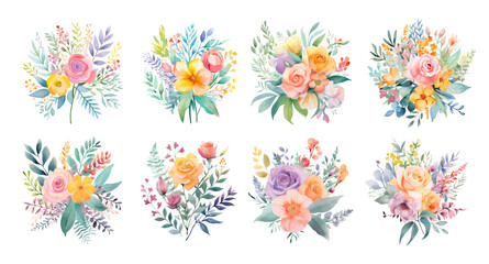 Watercolor floral spring bouquets set. Hand drawn vector illustration.