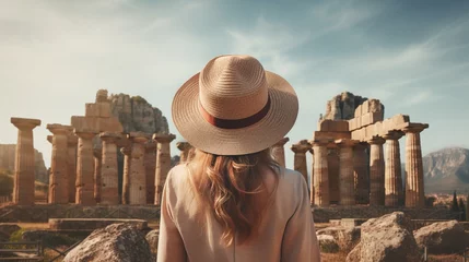 Fotobehang A young woman in a straw hat looks at the ancient city of Agrigento in Sicily, Italy.AI. © Alex Alex