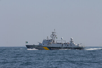 A military ship of the Naval Forces of Ukraine at a military parade in the city of Odesa. Ukraine. August 24, 2021