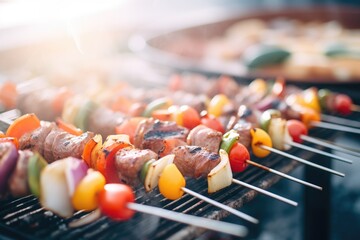 sizzling kebab skewers atop a flaming outdoor barbecue - Powered by Adobe